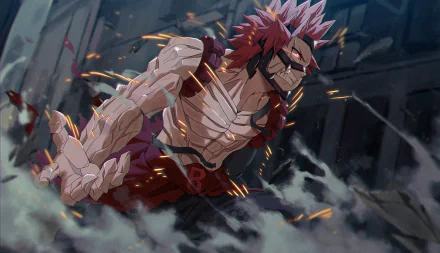 HD PC desktop wallpaper featuring Eijiro Kirishima from the anime My Hero Academia, showcasing his hardened, fierce battle-ready form in dynamic action.