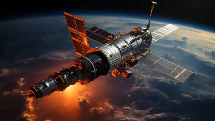 A stunning HD wallpaper showcases a futuristic satellite in orbit, surrounded by glowing clouds and the curvature of Earth, embodying a captivating sci-fi aesthetic.