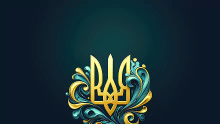 8K Ultra HD PC desktop wallpaper showing a golden Ukrainian tryzub emblem with stylized blue and yellow ornamental waves on a deep teal background.