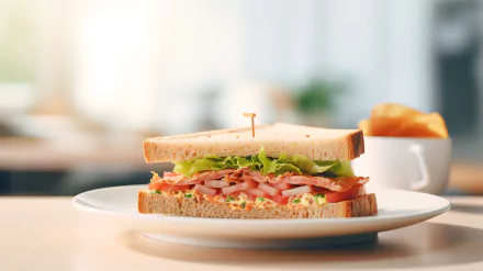 A close-up of a delicious sandwich layered with lettuce, tomato, and ham, served on a white plate, accompanied by chips, creating an inviting food-themed HD desktop wallpaper.