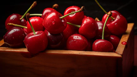 A vibrant close-up of fresh cherries with droplets of water, nestled in a wooden container, creates a rich, appetizing desktop wallpaper.
