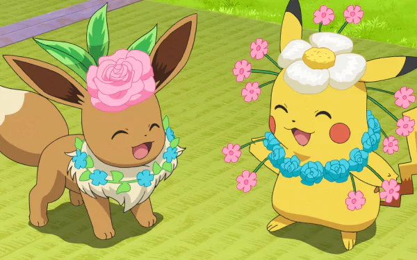 HD desktop wallpaper featuring animated characters Eevee and Pikachu adorned with flower wreaths from Pokémon Ultimate Journeys: The Series, set against a cheerful grassy background.