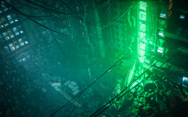Dark futuristic cityscape from the video game The Ascent, shown in vivid green hues, captured in a 4K Ultra HD PC desktop wallpaper and background.