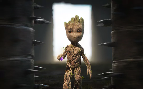 A charming HD wallpaper featuring Groot from the TV show I Am Groot, standing confidently in a dimly lit environment with a glowing doorway behind him.