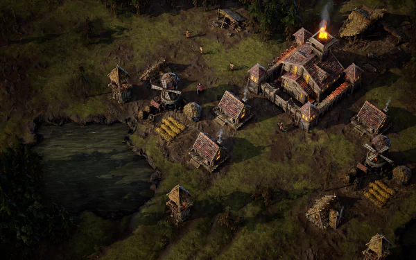 HD wallpaper of Age of Darkness: Final Stand game depicting a medieval village scene with buildings and a river.