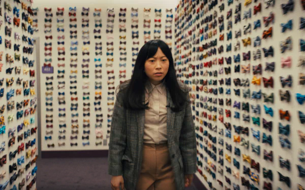 Woman standing in a room with walls covered in quiz cards, in a high-resolution desktop wallpaper.