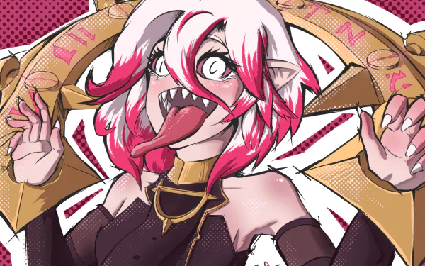 HD desktop wallpaper of Briar from League of Legends, featuring her playful expression, vibrant pink hair, and distinctive character design in a stylized background.