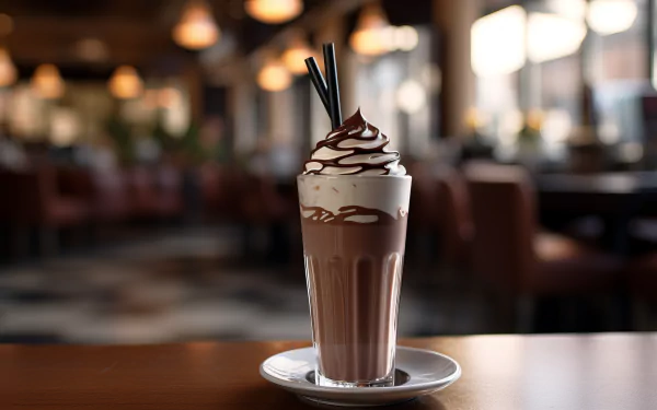 A rich chocolate milkshake topped with whip cream and chocolate drizzle, served in a glass with straws, set against a cozy restaurant backdrop. HD desktop wallpaper.