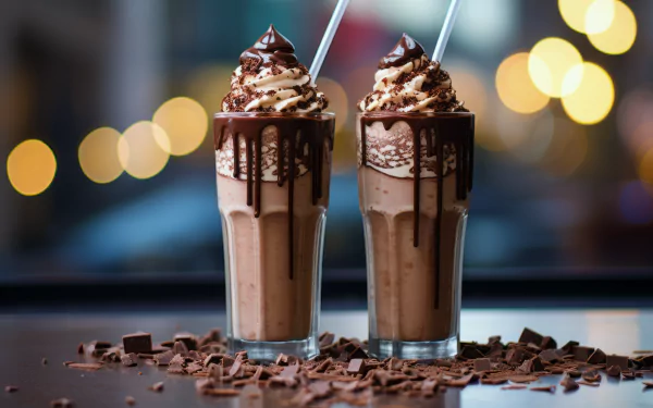 High-definition desktop wallpaper featuring two decadent chocolate milkshakes topped with whipped cream and drizzled with chocolate syrup, garnished with chocolate shavings, against a blurred background with warm bokeh lights.