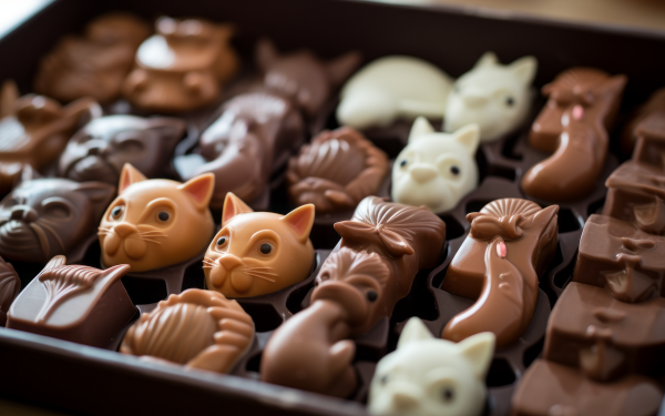 Assorted animal-shaped chocolates in a box, ideal as an HD wallpaper or background, showcasing AI-generated art of a confectionery theme.