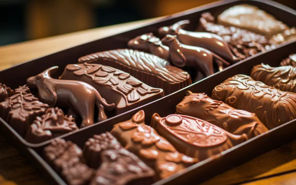 A beautifully crafted assortment of chocolate in various animal shapes, presented in a high-definition desktop wallpaper. Celebrate the art of food with this delightful image.