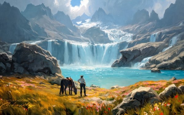HD desktop wallpaper featuring an oil painting of adventurers in a stunning landscape with majestic waterfalls and mountains.