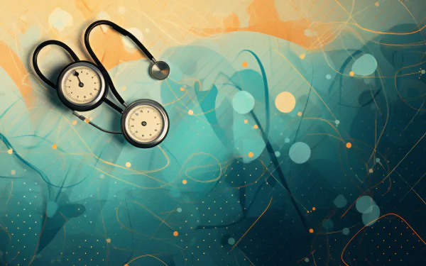 A stylish HD desktop wallpaper featuring a stethoscope on an abstract, ornate background with blue and orange hues and dynamic light effects.