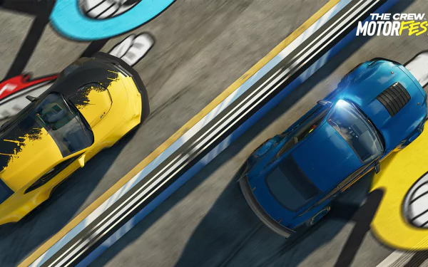 HD wallpaper of The Crew Motorfest featuring dynamic racing scene with blue and yellow cars.