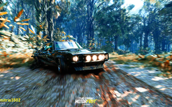 HD wallpaper of a classic car racing through a forest in The Crew Motorfest game.