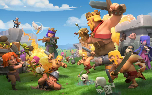 An action-packed scene from Clash of Clans features battling characters in a vibrant landscape, showcasing the excitement of the game in this HD desktop wallpaper.