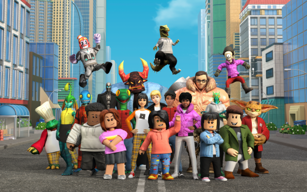 HD Roblox desktop wallpaper featuring a dynamic group of Roblox avatars posing in an urban cityscape background.