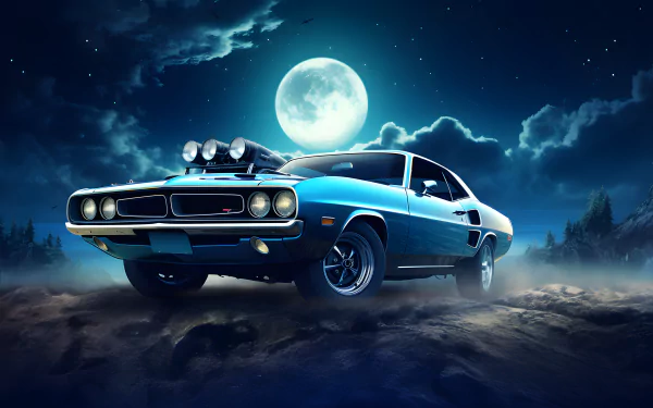 Sleek blue muscle car parked under a full moon night, a captivating scene for a HD desktop wallpaper.
