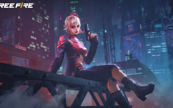 Garena Free Fire HD desktop wallpaper featuring a female character with a gun, set against a vibrant neon cityscape background.