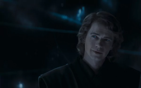 HD wallpaper featuring Anakin Skywalker with a subtle smile, set against a starry space backdrop, inspired by Ahsoka's storyline.