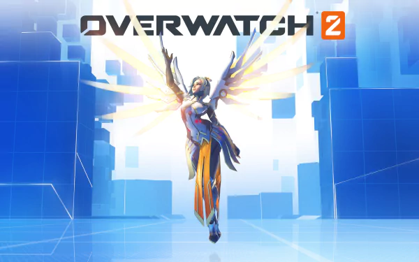 HD desktop wallpaper featuring Mercy from Overwatch 2, depicted with glowing wings in a dynamic pose against a stylized blue background with the game's logo.
