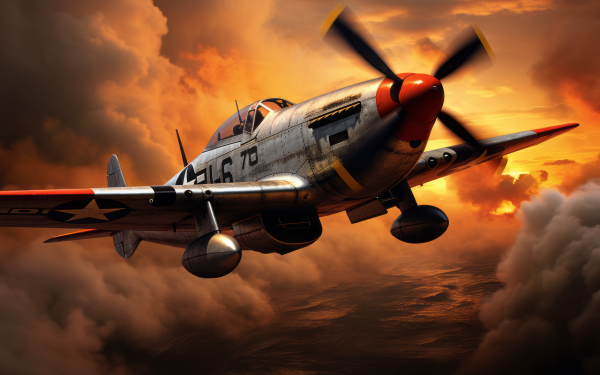 HD wallpaper of a North American P-51 Mustang warplane flying through a dramatic sky at sunset, suitable as a desktop background.