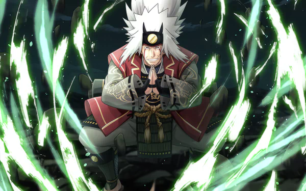 Jiraiya from Naruto, depicted in a dynamic pose surrounded by swirling energy, serves as a vibrant HD desktop wallpaper for anime fans.