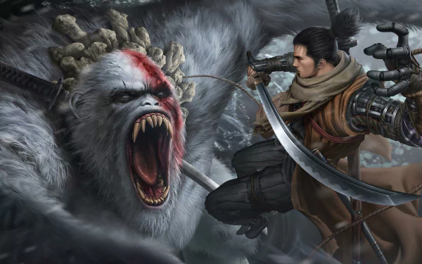 Sekiro faces off against the Guardian Ape in this intense 4K Ultra HD desktop wallpaper from the video game Sekiro: Shadows Die Twice.