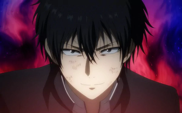 HD wallpaper of Yuuichi Katakiri, a character from Tomodachi Game, with a mysterious backdrop of red and purple hues.