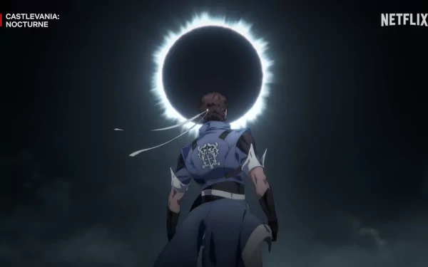 Richter Belmont stands heroically, facing a glowing circular portal in a dark, atmospheric setting from *Castlevania: Nocturne*. An HD desktop wallpaper capturing epic anime artistry.