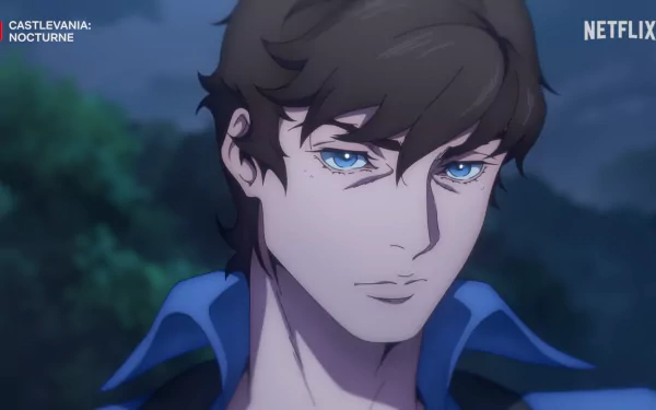 HD desktop wallpaper of Richter Belmont from Castlevania: Nocturne, with vivid blue eyes and a determined expression, against a night background.