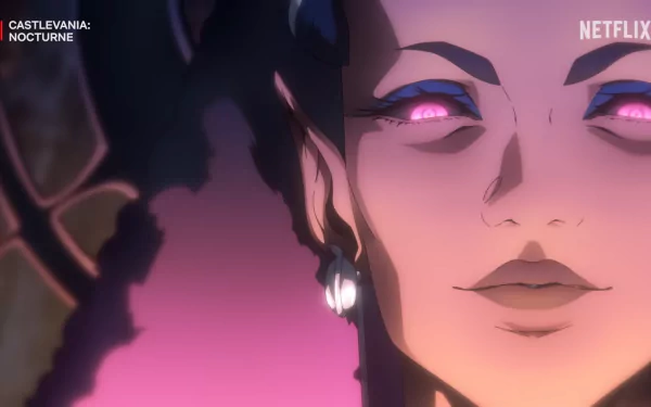 HD desktop wallpaper featuring a close-up from Castlevania: Nocturne, showing a character with pink glowing eyes.