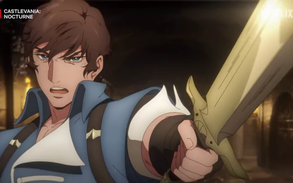 HD desktop wallpaper featuring Richter Belmont from Castlevania: Nocturne, poised with his sword in a dramatic action scene.