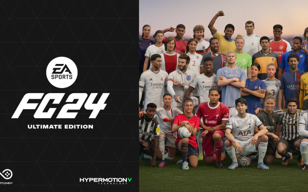HD desktop wallpaper featuring an array of soccer player characters from EA SPORTS FC 24 Ultimate Edition with the game's logo and HYPERMOTION technology branding.