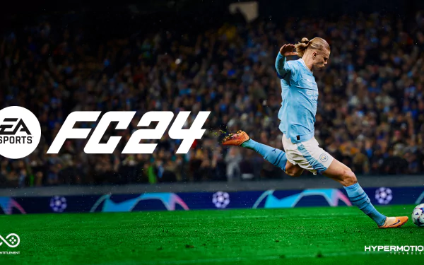 HD desktop wallpaper featuring a player mid-action in EA SPORTS FC 24, with vibrant stadium background and game logo.