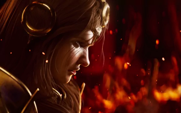 HD wallpaper featuring Leona from League of Legends, showcasing her fierce expression against a backdrop of fiery colors and glowing embers. A striking desktop background for gamers.