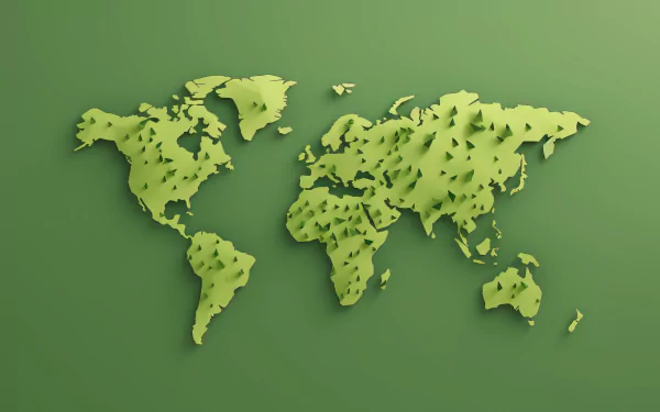 HD desktop wallpaper featuring a minimalist green 3D world map on a dark green background.
