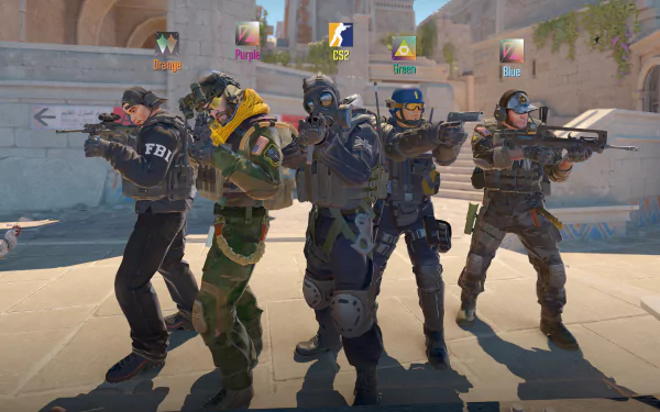 HD wallpaper featuring characters from Counter-Strike 2, showcasing a lineup of tactical operatives in action poses, set against a detailed urban background.