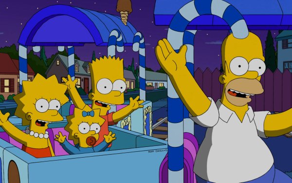 HD wallpaper featuring Homer Simpson with Bart, Lisa, and Maggie from The Simpsons enjoying a family moment, perfect for desktop backgrounds.