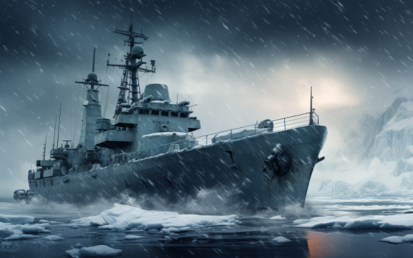 HD wallpaper featuring an artistic depiction of a battleship navigating through snow-covered icy waters.