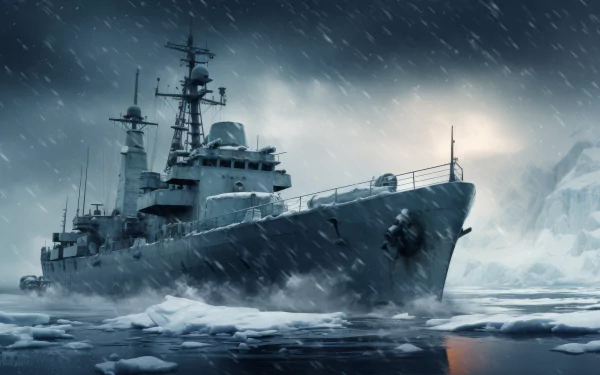 HD wallpaper of a battleship cruising through icy waters under a snowy sky, showcasing a dramatic and artistic military scene.