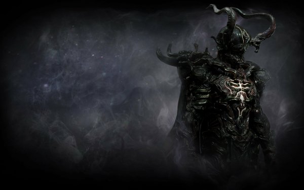 HD wallpaper featuring a dark, armored character from Path of Exile set against a mystical, clouded backdrop ideal for desktop backgrounds.
