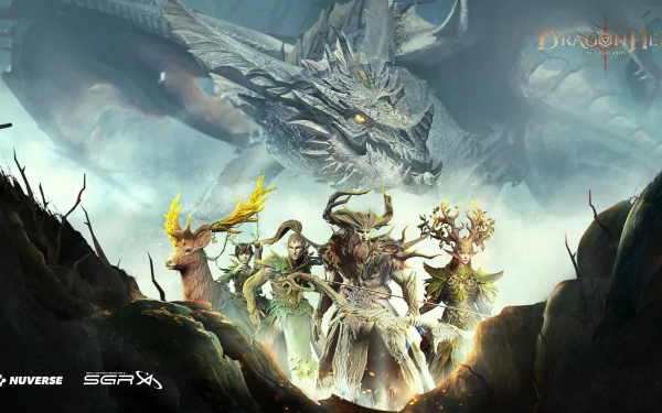 HD desktop wallpaper featuring Dragonheir: Silent Gods with majestic dragon and fantasy characters.