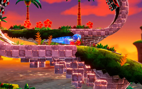 HD Sonic Superstars desktop wallpaper featuring Sonic the Hedgehog in a vibrant sunset scene with stone loops and foliage.