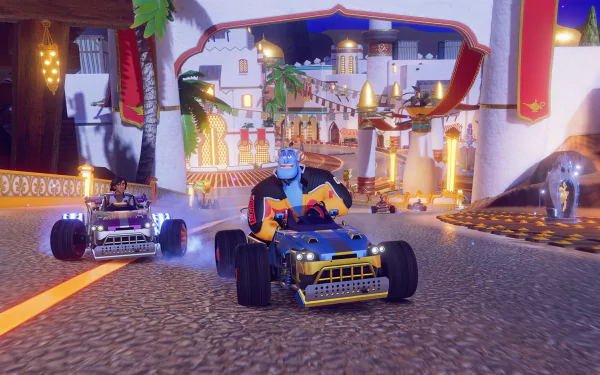 Disney Speedstorm racing game HD wallpaper featuring animated characters in a dynamic race through a colorful track.