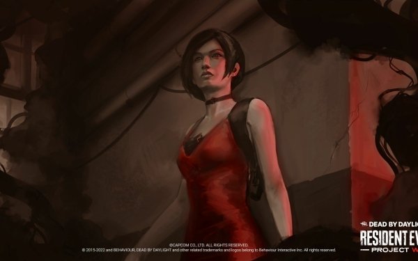 HD desktop wallpaper featuring Ada Wong from Dead by Daylight in a red dress, with a moody, atmospheric backdrop.