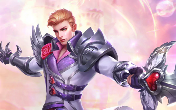 HD desktop wallpaper featuring Alucard from Mobile Legends: Bang Bang, posed in battle armor with an intense gaze.