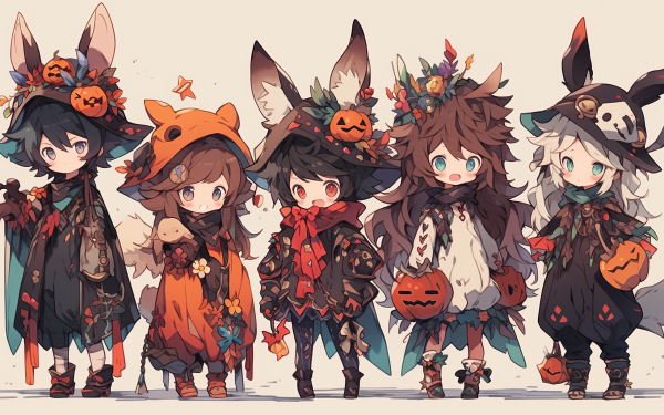 Halloween-themed HD desktop wallpaper featuring cute anime characters dressed in festive costumes with pumpkins and autumn leaves.