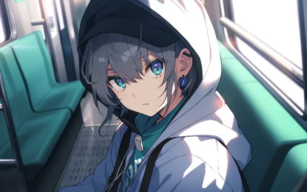 Anime girl with blue eyes wearing a hoodie on a train, lofi aesthetic HD wallpaper for desktop background.