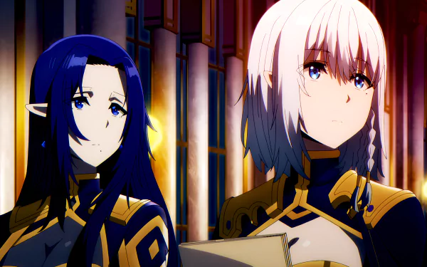 HD PC desktop wallpaper featuring two characters from the anime The Eminence in Shadow, showcasing detailed outfits and a dramatic interior background.